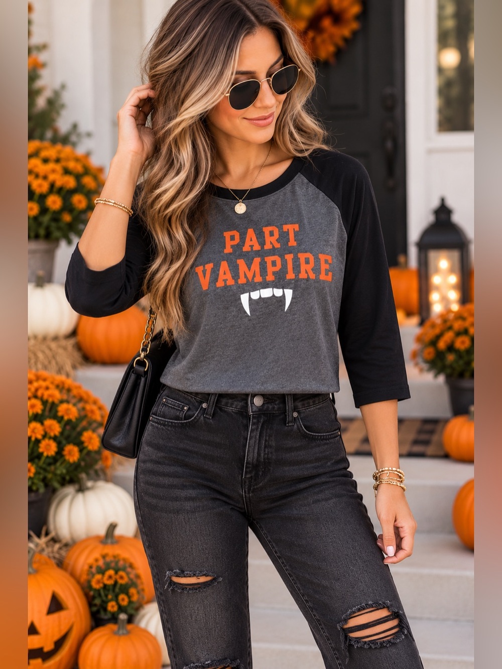 City Streets Black & Gray Raglan 'Part Vampire' Tee with Orange & White Graphic